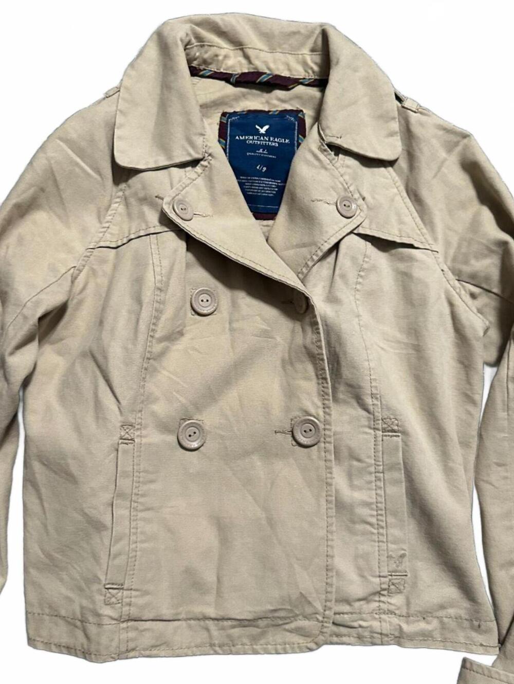 Y2K Boho American Eagle Tan Cotton Denim Chunky Button Up Coat Size L